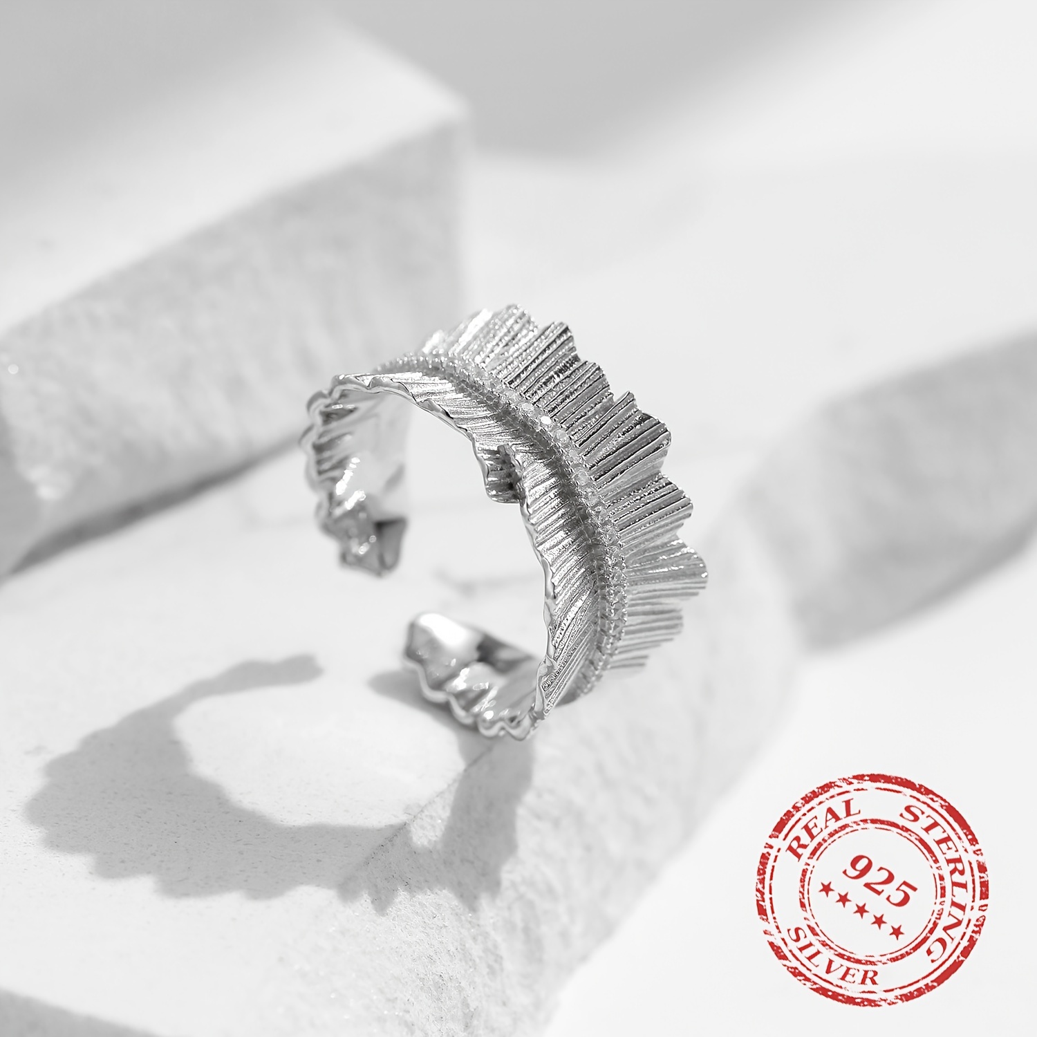 925 Silver Adjustable Texture Finger Ring Thick Stackable Pave Setting Rings